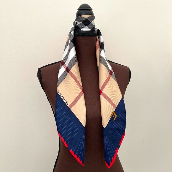 New Burberry Iconic Beige House Check Blue Border Silk Scarf - Picture 1 of 15